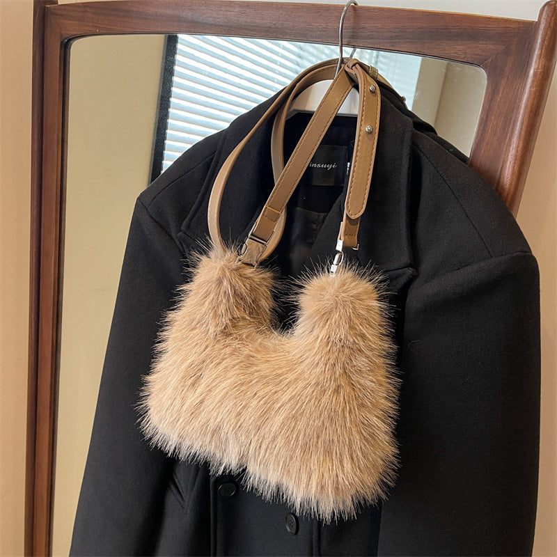 BENPAOLV 2025 Bag Women's  Winter New Soft Imitation Rabbit Hair Portable Women's Bag Small and cute one-shoulder messenger bag