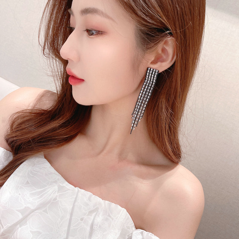 2025 S925 silver needle long fringed earrings trendy super flash zircon inlay design sense color matching earrings banquet dress accessories