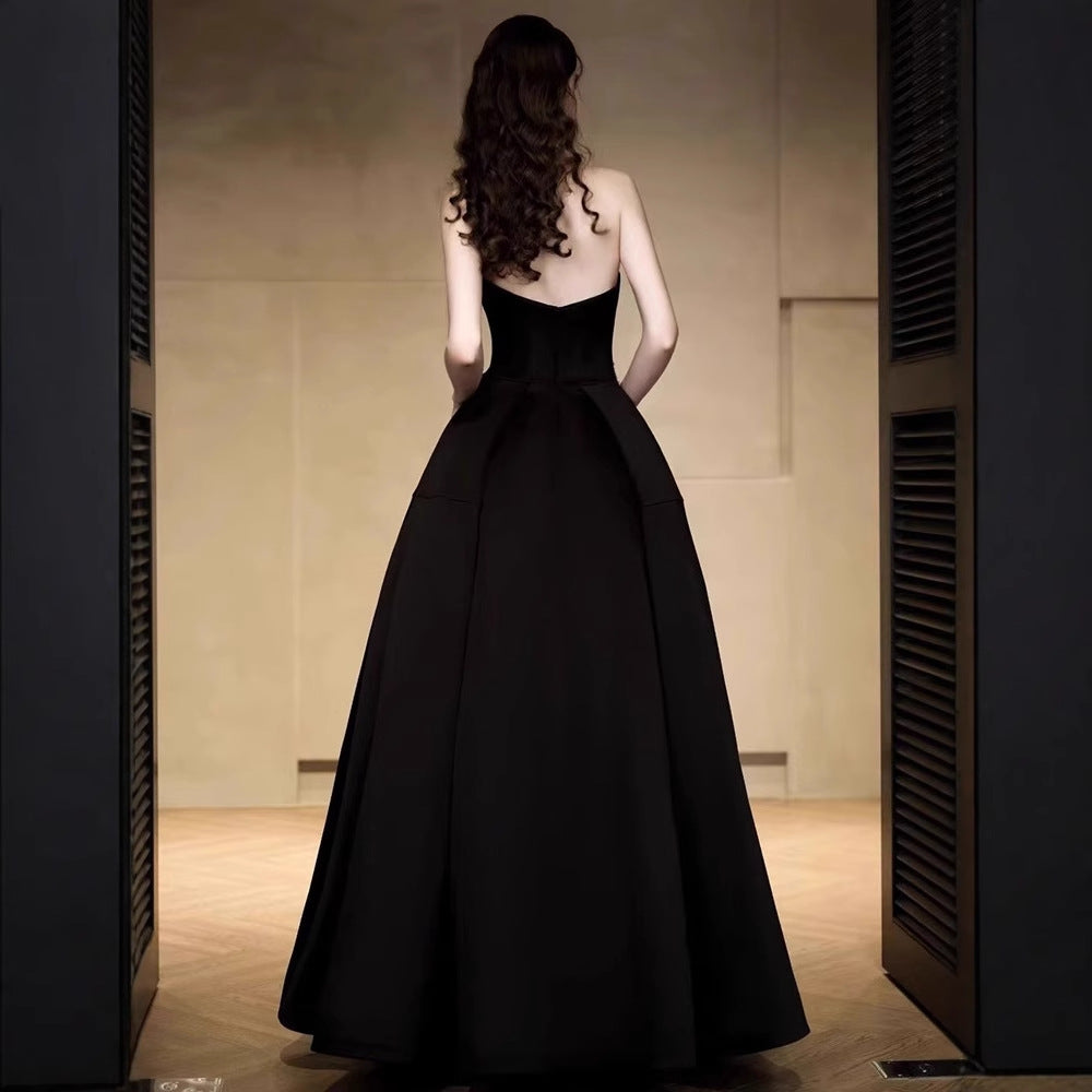 2025 Black tube top evening dress women's  new high-end light luxury niche high-end banquet host temperament dress