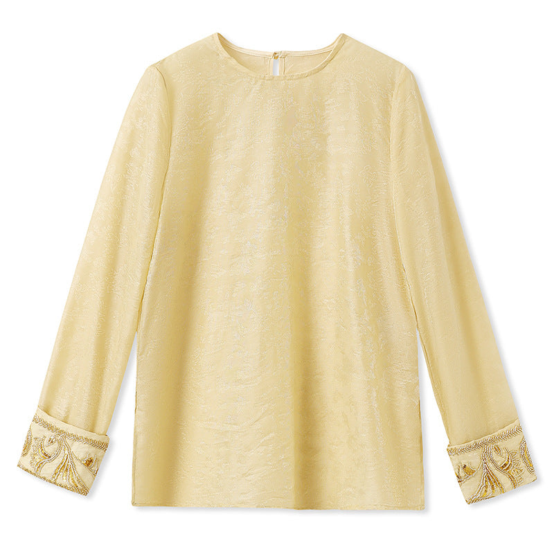 Guofeng Spring New Heavy Industry Bead Embroidery Splicing Long Sleeve Top Women's Thin Versatile Silk Shirt N2071