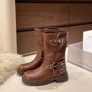2025  Korean mid-tube boots women's popular new brown round head pleated mid-tube Martin boots