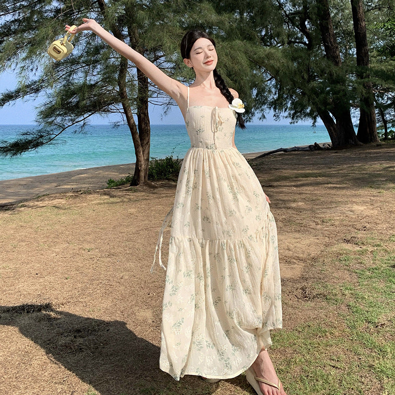 2025 Coffee break  floral suspender dress women's summer Mori small fresh seaside vacation style beautiful temperament skirt