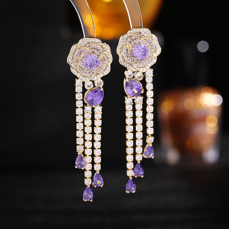 2025 Heavy Industry Light Luxury Premium Earrings Camellia s925 Silver Needle Earrings Women's Rose Long Water Drop Fringed Earrings