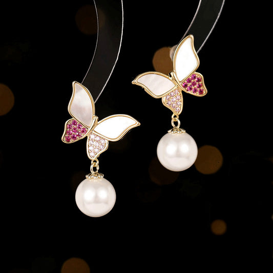2025 S925 Silver Needle Niche Design Earrings Natural White Fritillary Fresh Natural Super Immortal Temperament Pearl Butterfly Earrings