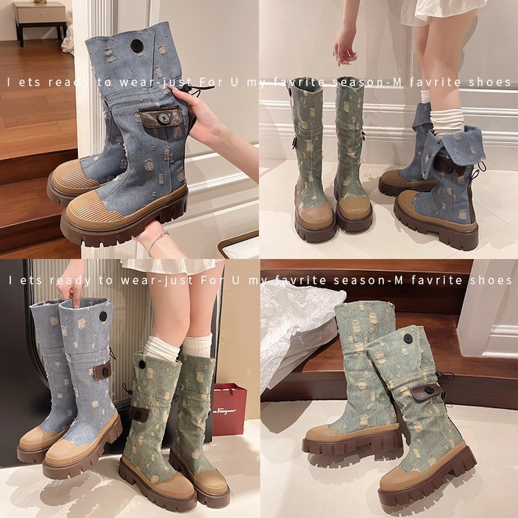2025  Super Popular high boots women's popular new cowboy British knight boots thick heel boots thin boots