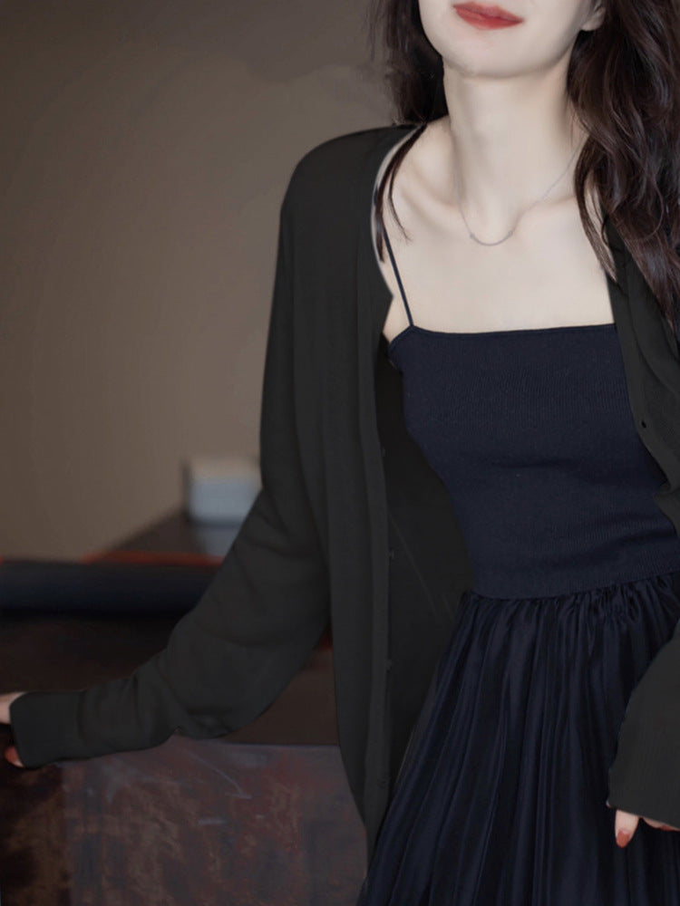 Ice silk knitted cardigan women's 2025 summer with suspender skirt shirt long-sleeved thin shawl air-conditioned shirt jacket