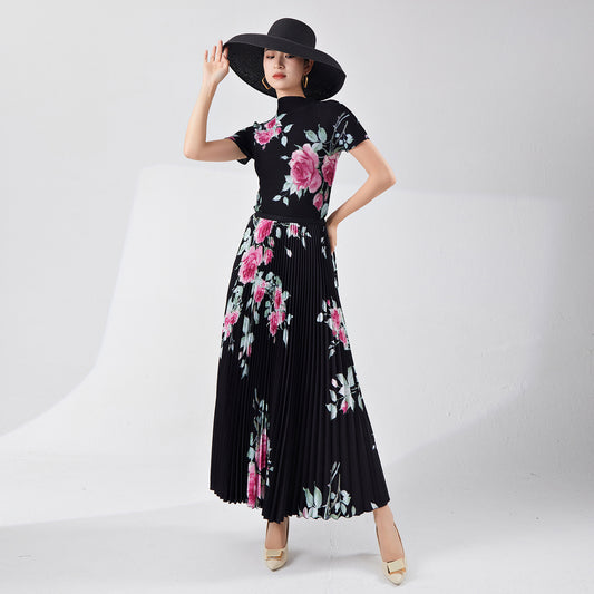 2025 Fashion suit Women's clothing High-end summer suit Printed short-sleeved top Half skirt temperament pleated two-piece set Popularan goods