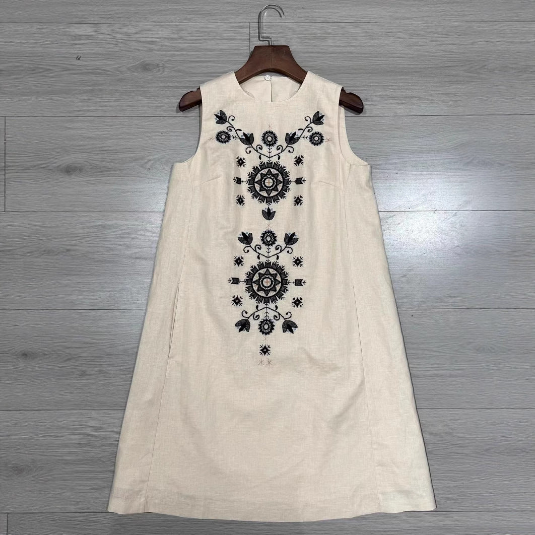 summer new linen embroidered sleeveless dress