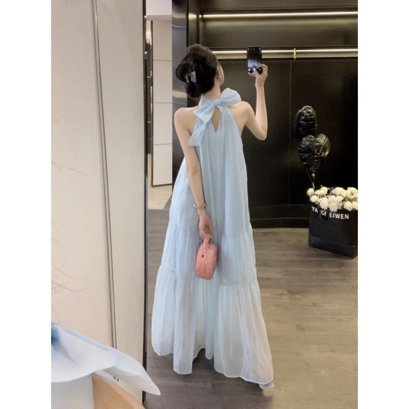 2025 Star Zhang Bichen White Deer same bow neck suspender dress summer long dress seaside vacation skirt