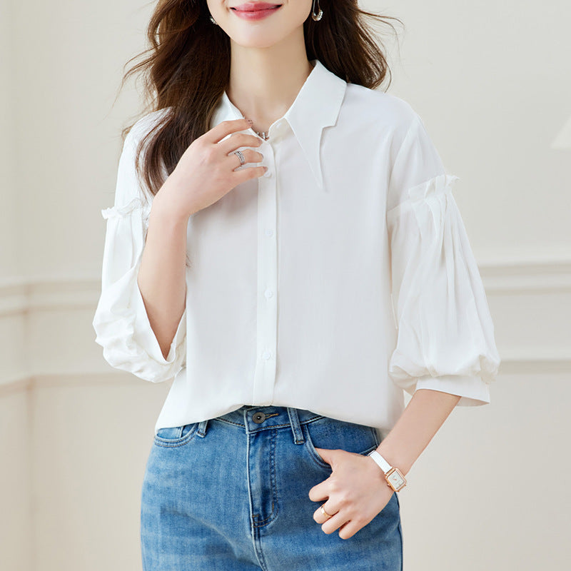 Cotton cocoon, blue shirt women's seven-quarter sleeves  spring and summer new lantern sleeves design top casual shirt