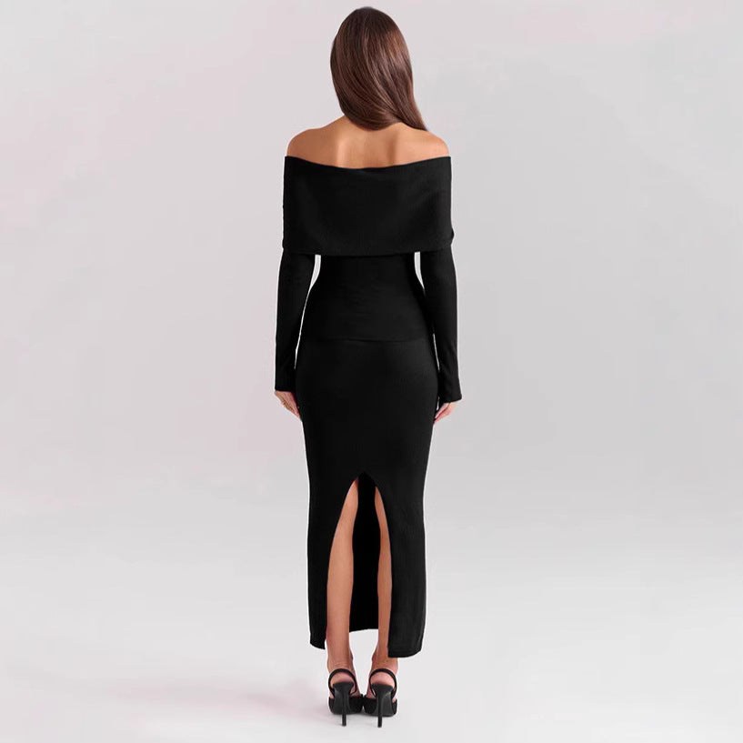 BENPAOLV 2025 Autumn and winter popular new  women's clothing sexy one-word shoulder slim-fitting long-sleeved hip-wrapped split skirt two-piece suit