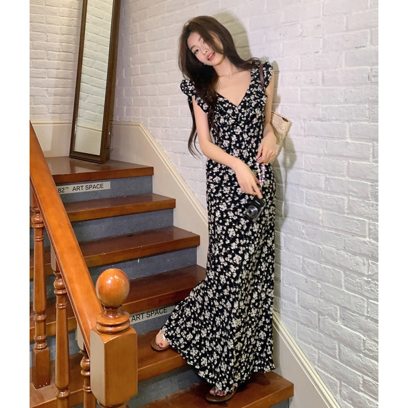 2025 Coffee Break  Hepburn Style Black Floral Dress Children's Summer  New Temperament Waist Long Dress Premium