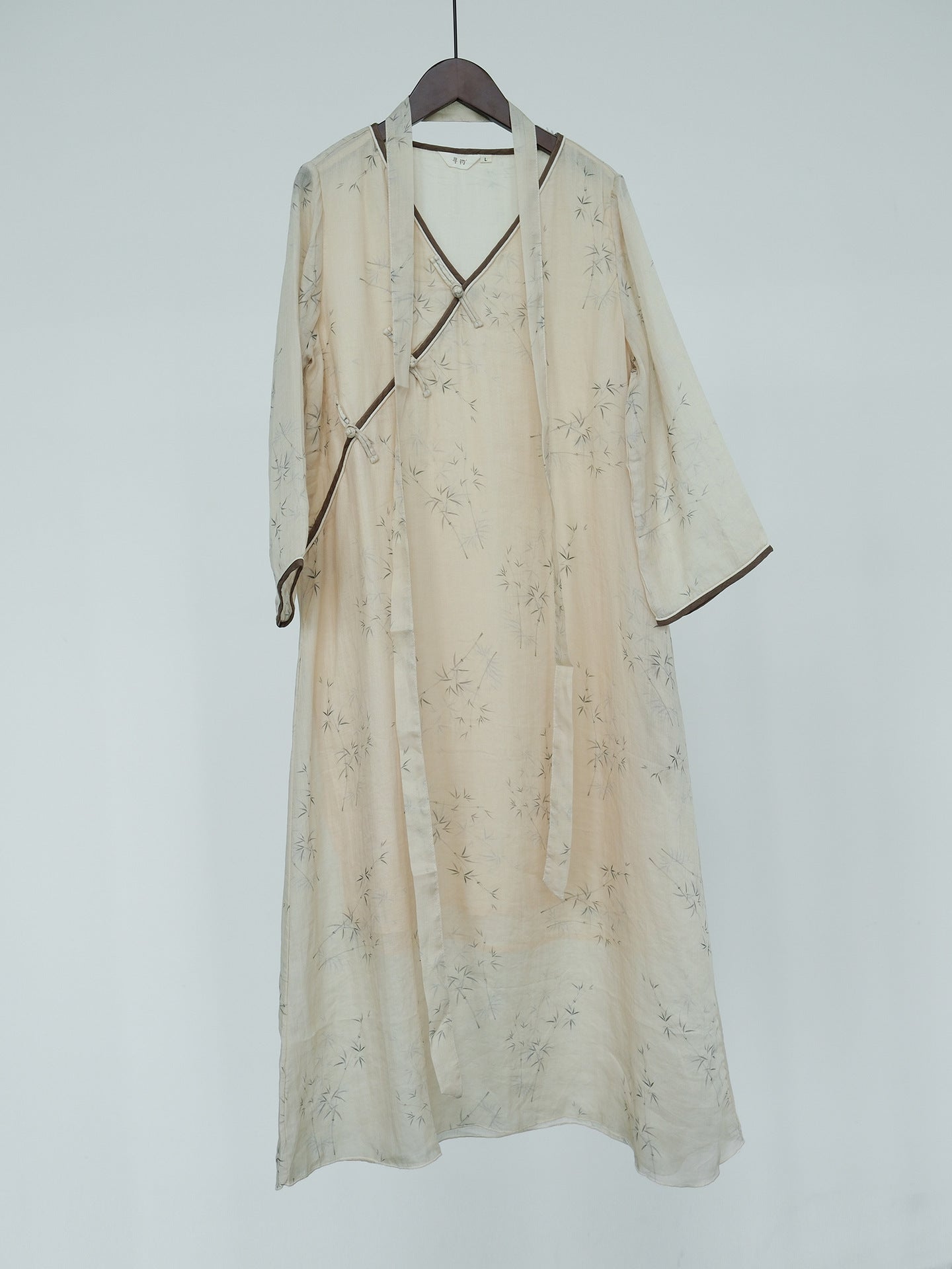 national style Zen sketch printing diagonal dress, light Chinese double-layer ramie loose cheongsam L22268