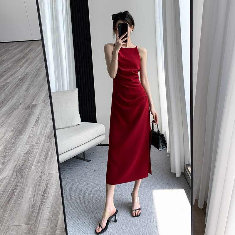 2025 Chic and stunning red suspender dress new women's waist dress pear-shaped figure looks thin and tall in summer