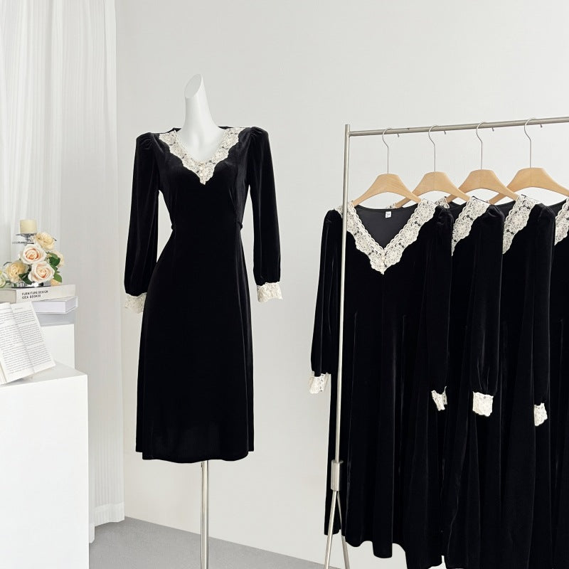 2025 Hepburn style black young velvet dress women's spring dress new high-end temperament slim