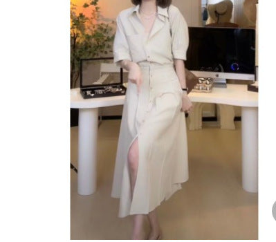2025 Spring Age Reduction Fashion Polo Neck Striped Shirt Dress Women's Skinny Coffee Break  Pleated Dress