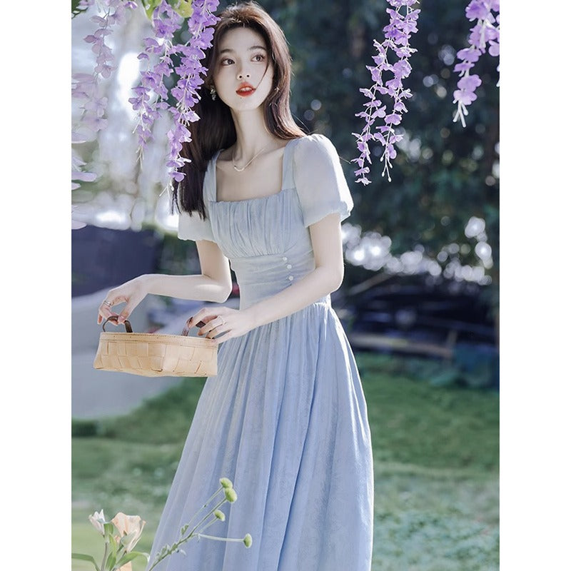 2025 waist and thin temperament socialite princess long dress gentle wind niche blue dress children summer 2025