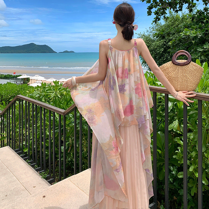 2025 color seaside vacation style suspender dress women's summer new fake two-piece sleeveless mesh pleated dress