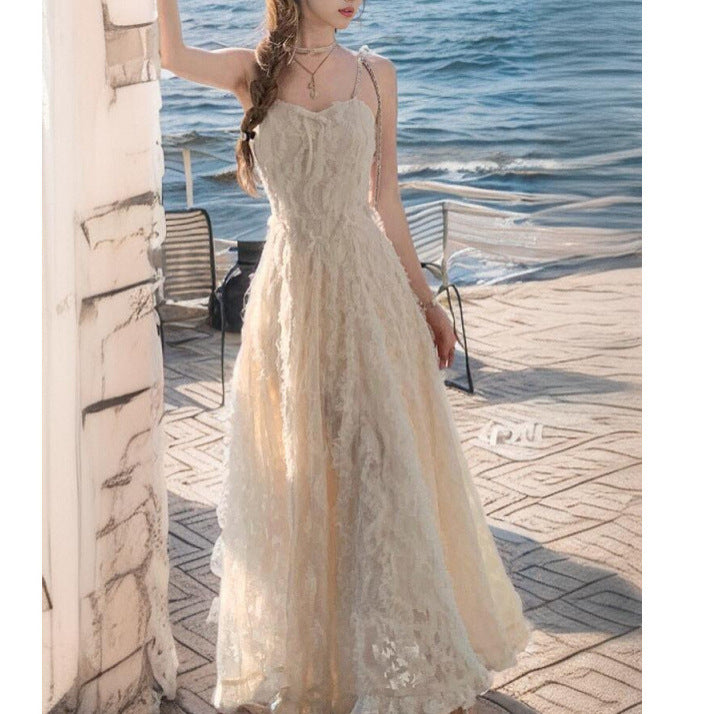 2025 summer new temperament high-end diamond chain feather suspender dress women's clothing waist slim skirt