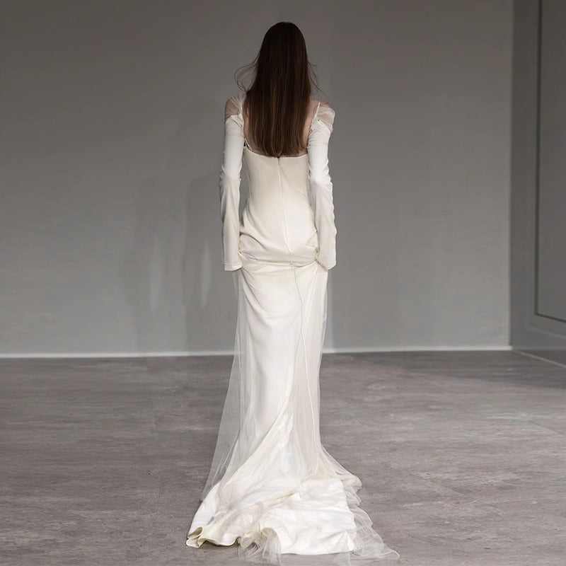 2025 light wedding dress Mori simple going out yarn temperament thin celebrity long dress fish tail waist satin trailing dress
