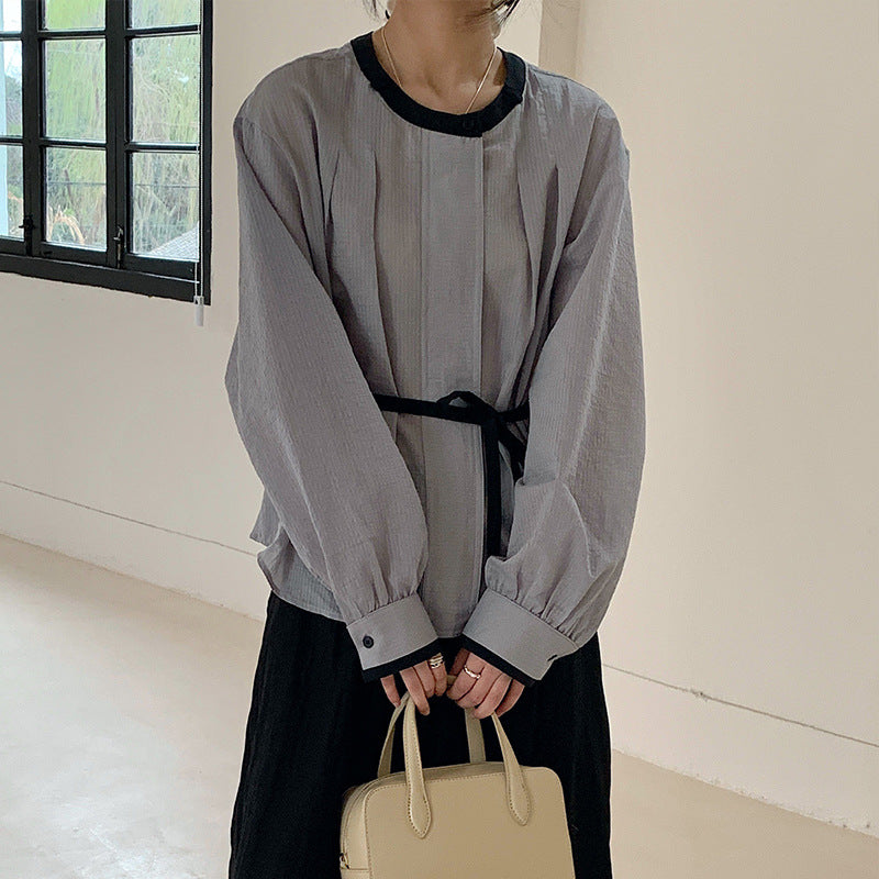 Cotton cocoon, simple contrasting color lace-up neck chiffon lantern sleeve shirt loose versatile and thin lazy style top