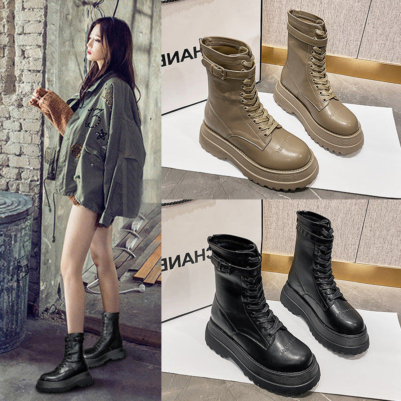 2025  Big head Martin boots women's popular Paris new retro platform heightening medium boots double zipper locomotive short boots women's tide