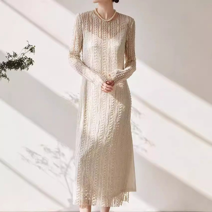 2025 Literary and retro niche crocheted lace hollow knitted dress round neck loose side split skirt
