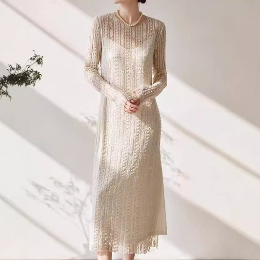 2025 Literary and retro niche crocheted lace hollow knitted dress round neck loose side split skirt