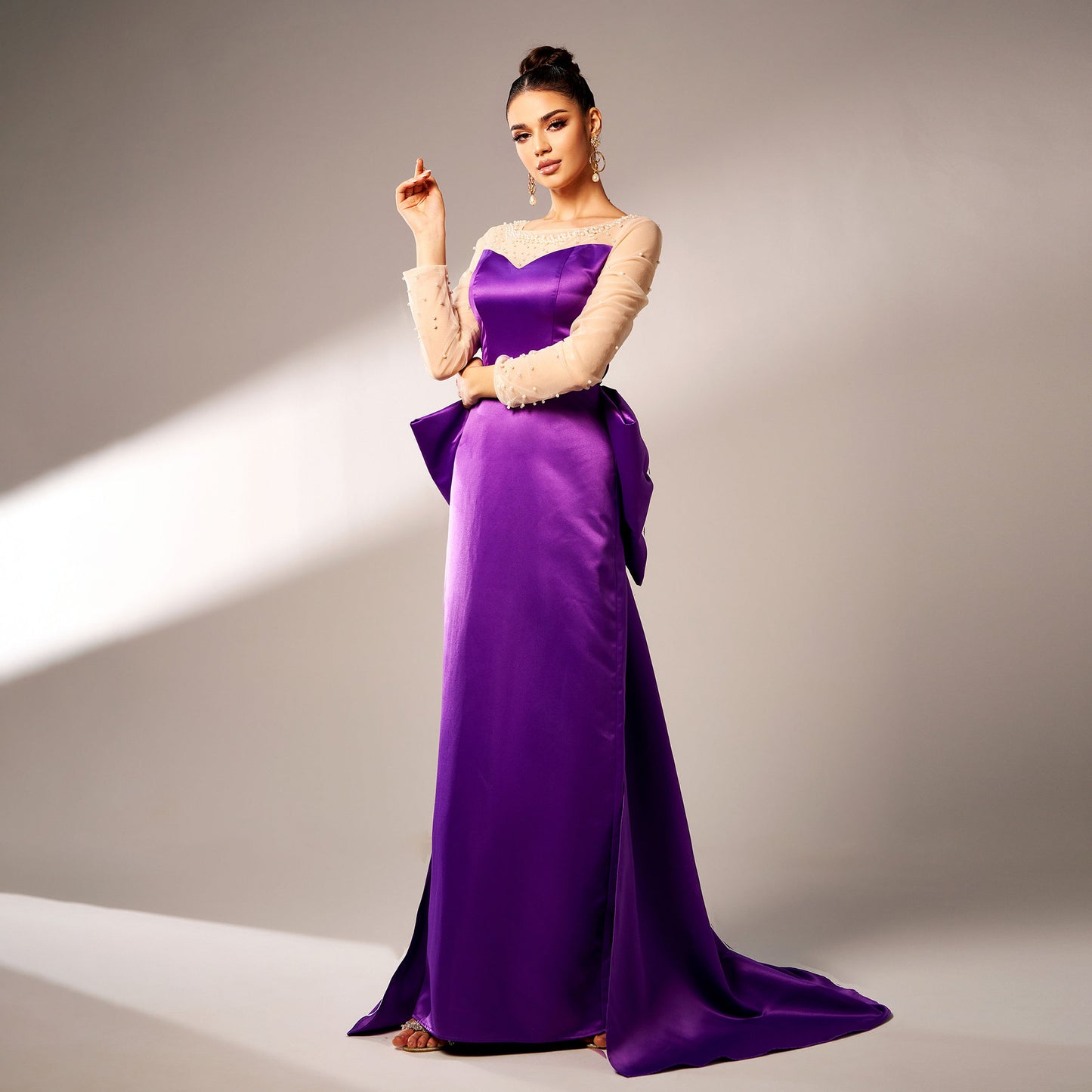 2025 new high-end long-sleeved round neck banquet beads big bow evening dress bridesmaid dress women