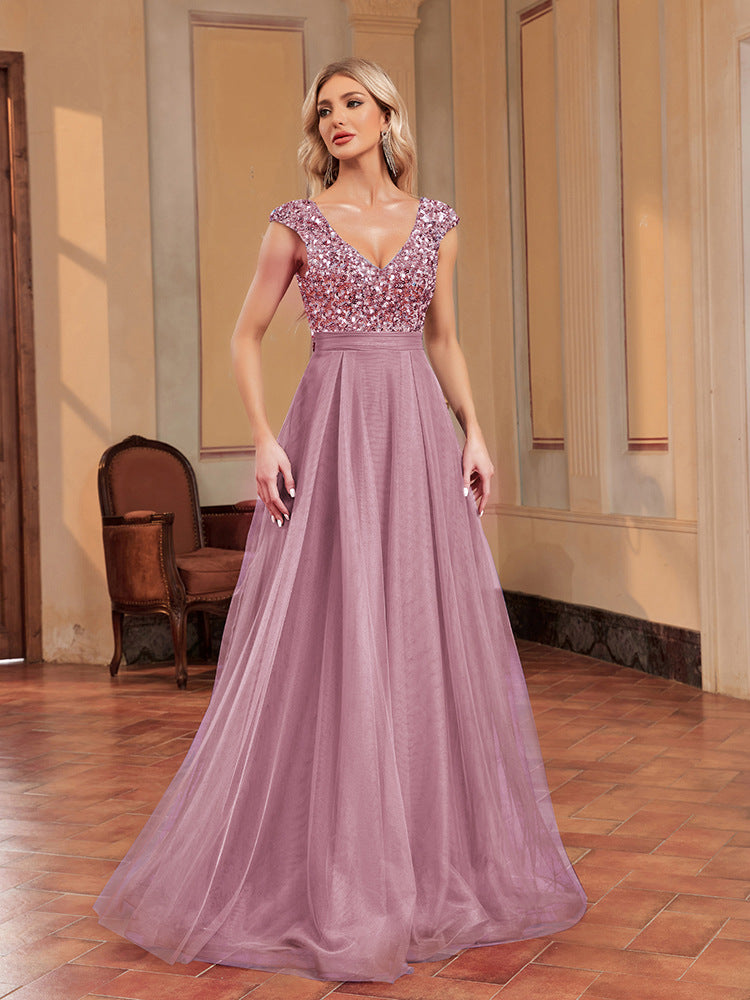2025 New   V-neck sequined tulle A-word landing elegant dance evening dress fashion party dress