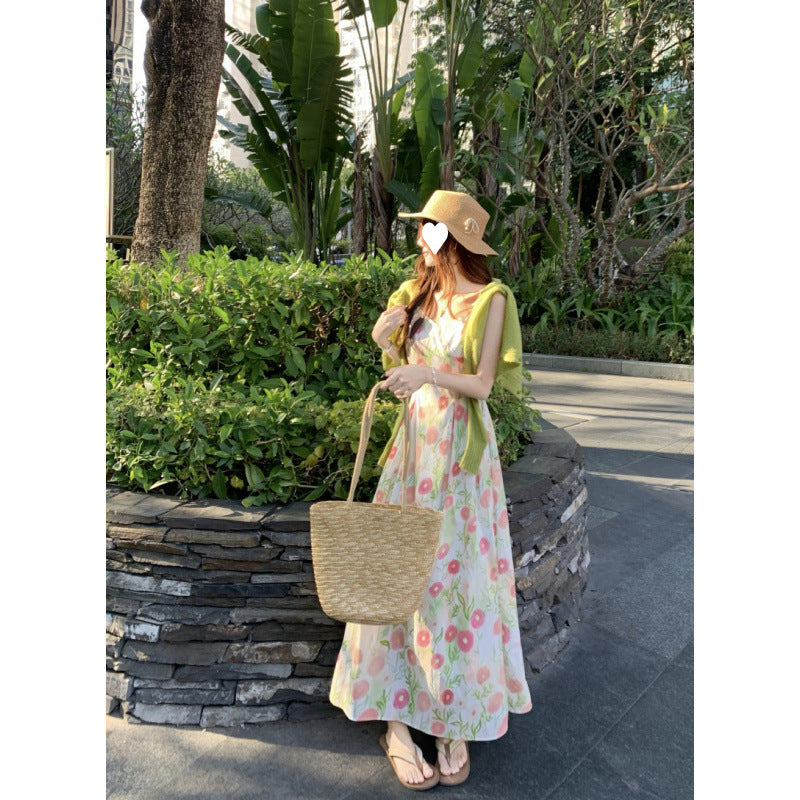 2025 spring and summer new outing travel wear Korean version of pure desire floral dress women's thin suspender skirt