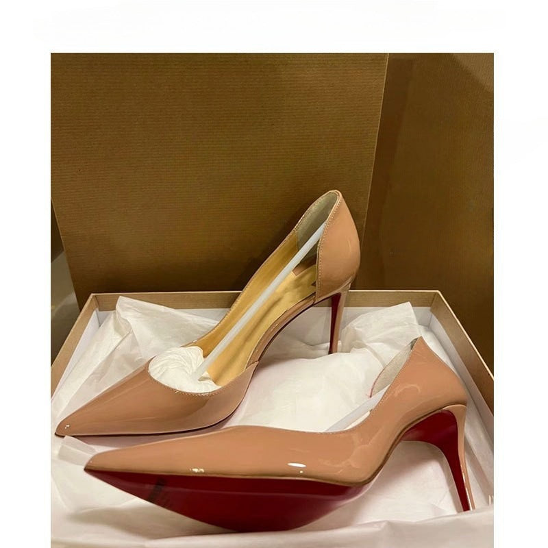 2025 Nude high heels women's popular autumn new red sole side empty pointed sexy versatile professional stiletto shoes