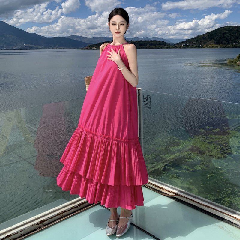 2025 Seaside vacation dress rose red photo simple pleated ruffle edge cake skirt pure desire neck beach dress