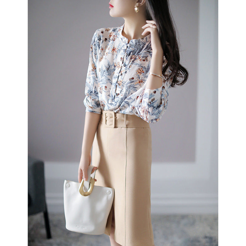 2025 Heavy double crepe mulberry silk printed shirt, floral print stand-up collar long-sleeved single-breasted silk cardigan top women