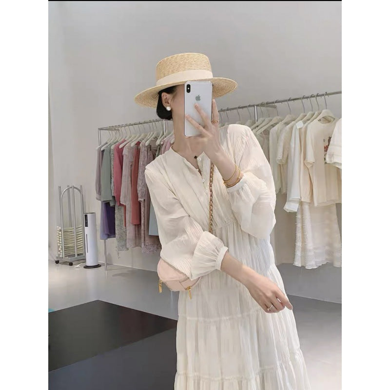 2025 Coffee break  high-end white chiffon dress women's spring and summer loose and thin gentle wear temperament dress