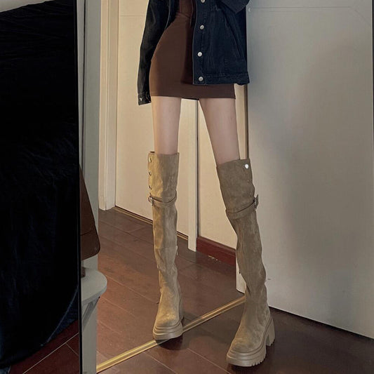 2025 Small inner height increase over the knee boots Children's Maillard autumn and winter new thick-soled two-wear folding boots