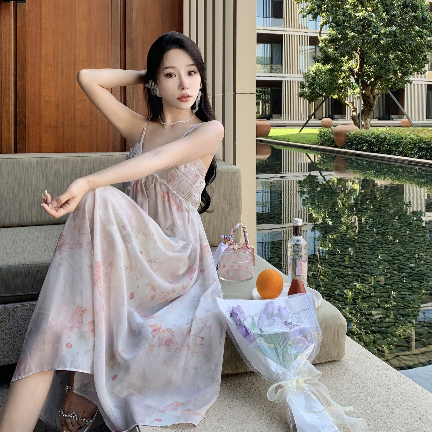 2025 Summer seaside vacation dress small fresh  first love long dress pure lust sweet wind floral suspender sleeveless dress