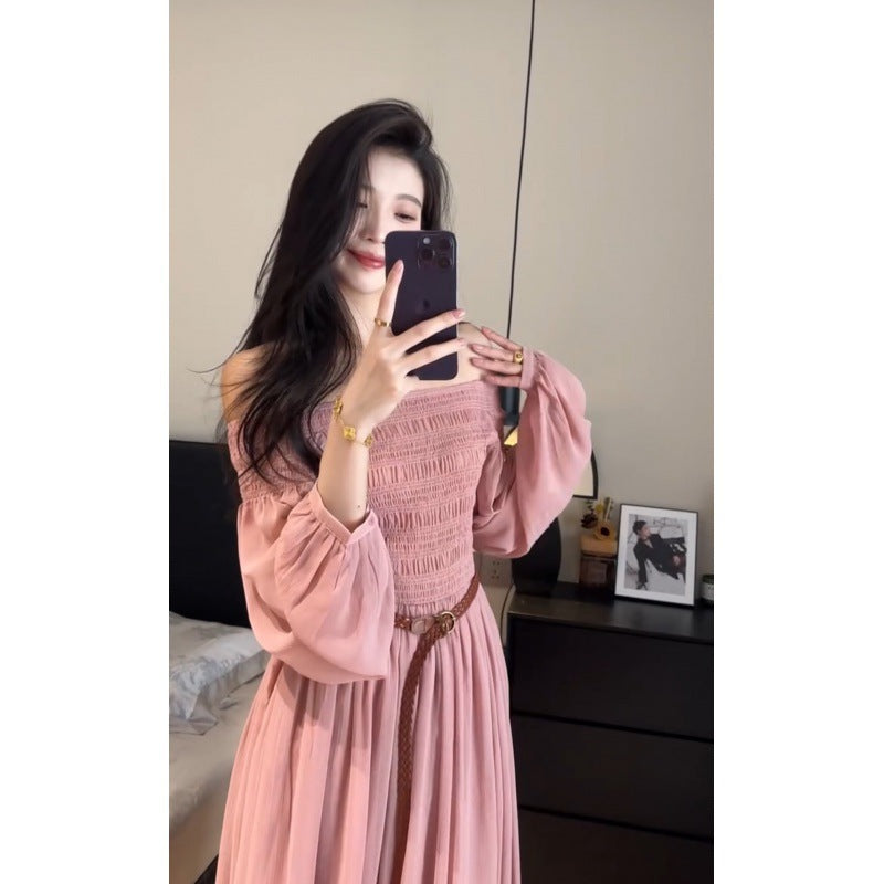 2025 Zhao Ruth same dress women's  autumn  one-word shoulder high-end bubble sleeve star pink dress