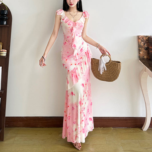 2025 style 2025 spring new women's clothing romantic lotus leaf edge waist thin pink floral dress