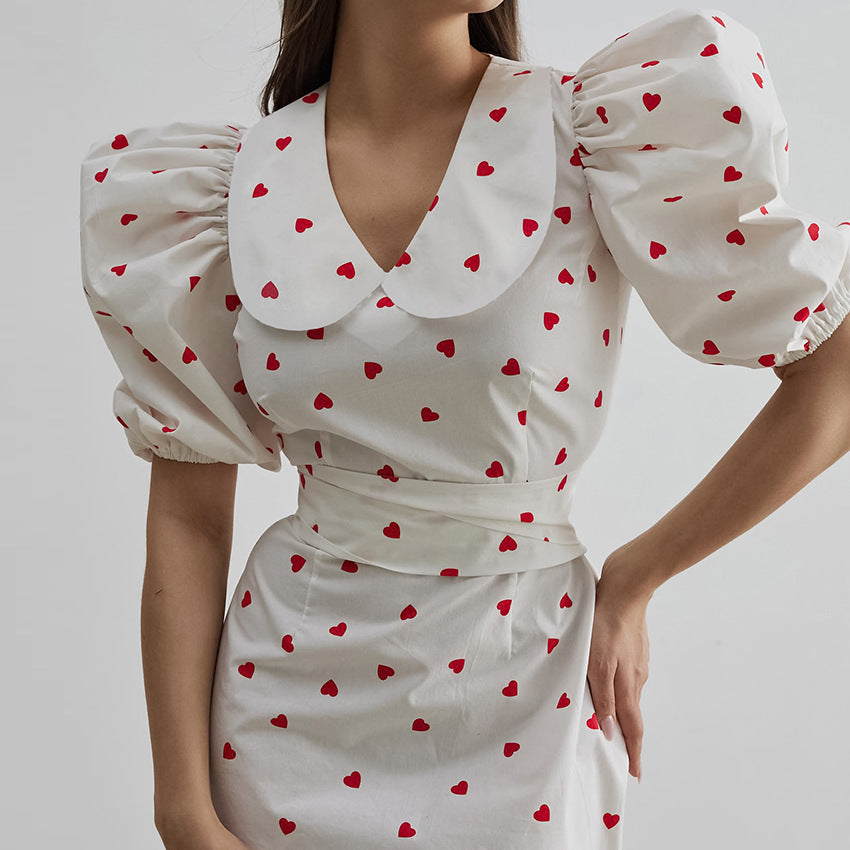 2025 white cotton and linen love printing high-waisted V-neck bubble sleeve dress popular  spring fashion new