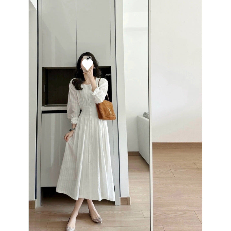 2025 white v-neck hollow dress for women's spring new bubble short-sleeved A-word first love dating dress
