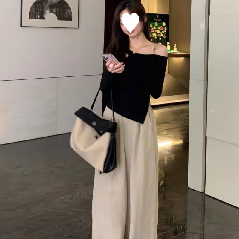 This year's popular beautiful suit 2025 off-shoulder irregular top wide-leg pants pure salt light and cooked two-piece set