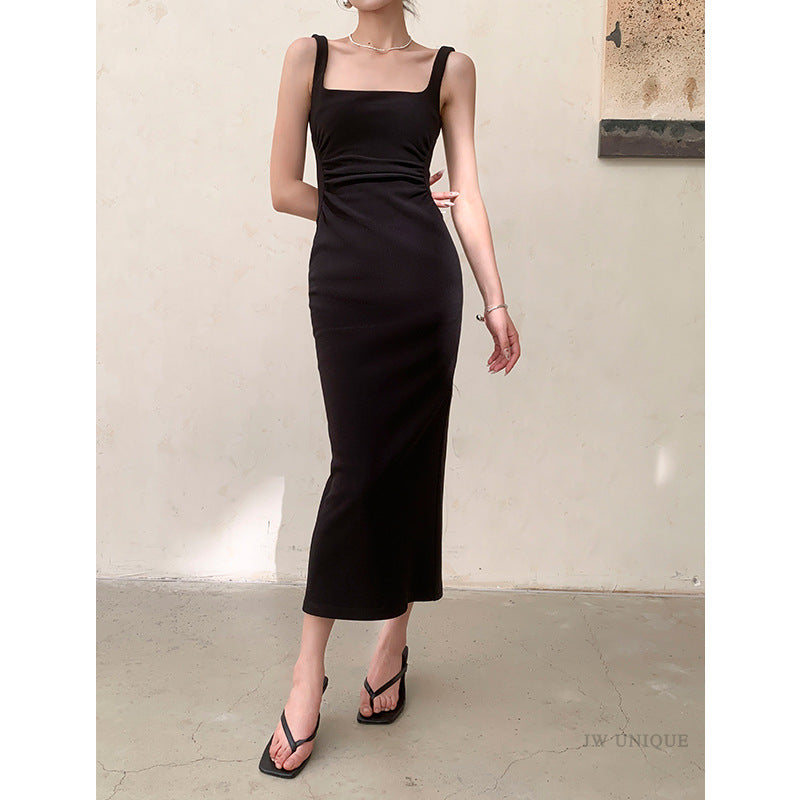 2025 Temperament white suspender dress slim-fitting summer new square collar  waist niche long skirt women's clothing