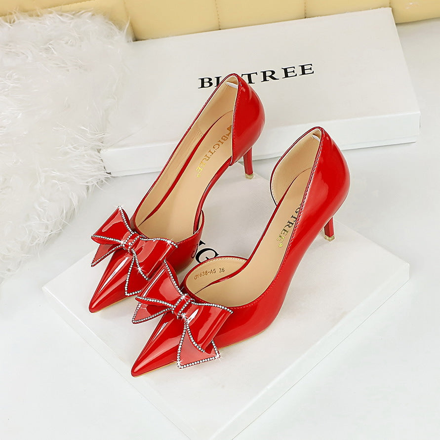 2025 638-AH12  banquet women's shoes thin heel high heel shallow mouth pointed side hollow rhinestone bow single shoes women