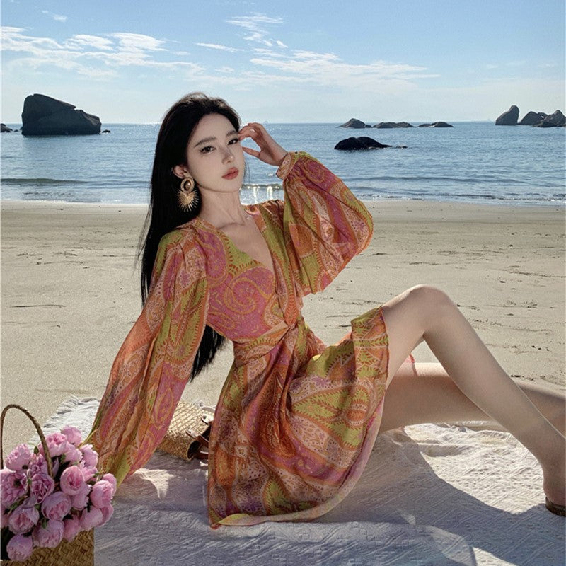 2025 Bali Sanya seaside vacation wind beach dress women's summer  sexy long-sleeved thin atmosphere dress