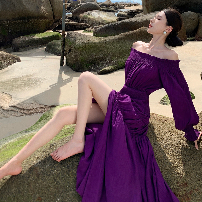 2025 Muse Fan seaside vacation wear one-word shoulder purple dress atmosphere temperament waist thin split skirt