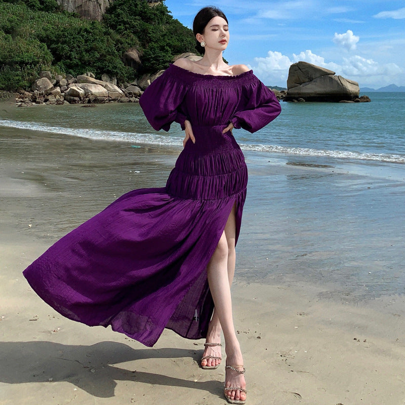 2025 Muse Fan seaside vacation wear one-word shoulder purple dress atmosphere temperament waist thin split skirt