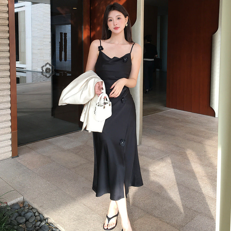 2025 Spring Clothing New Three-dimensional Nail Flower High Waist Satin Suspender Dress High-end Long Dress Children 88179