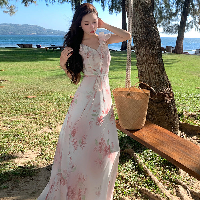 2025 holiday style floral small flying sleeve dress women's summer chic beautiful beach dress waist thin long skirt