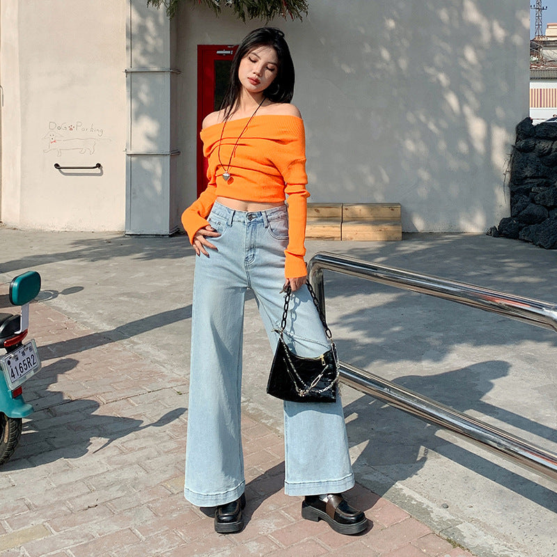 2025 Light blue cotton Lyocell Tencel jeans women's  spring and summer thin small high-waisted loose wide-leg pants
